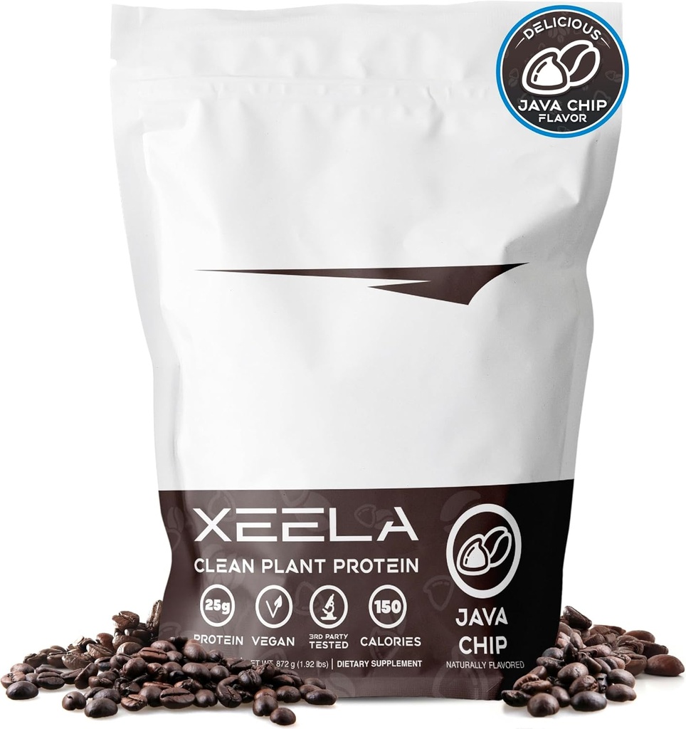XEELA 식물 기반 채식 단백질 분말 - 독립적으로 테스트 - 25g 높은 단백질, 남성 및 여성을위한 완두 단백질 - 비타민 및 미네랄, 비 GMO, 낙농 및 글루텐 무료, LowCarb & LowFat (Java Chip)