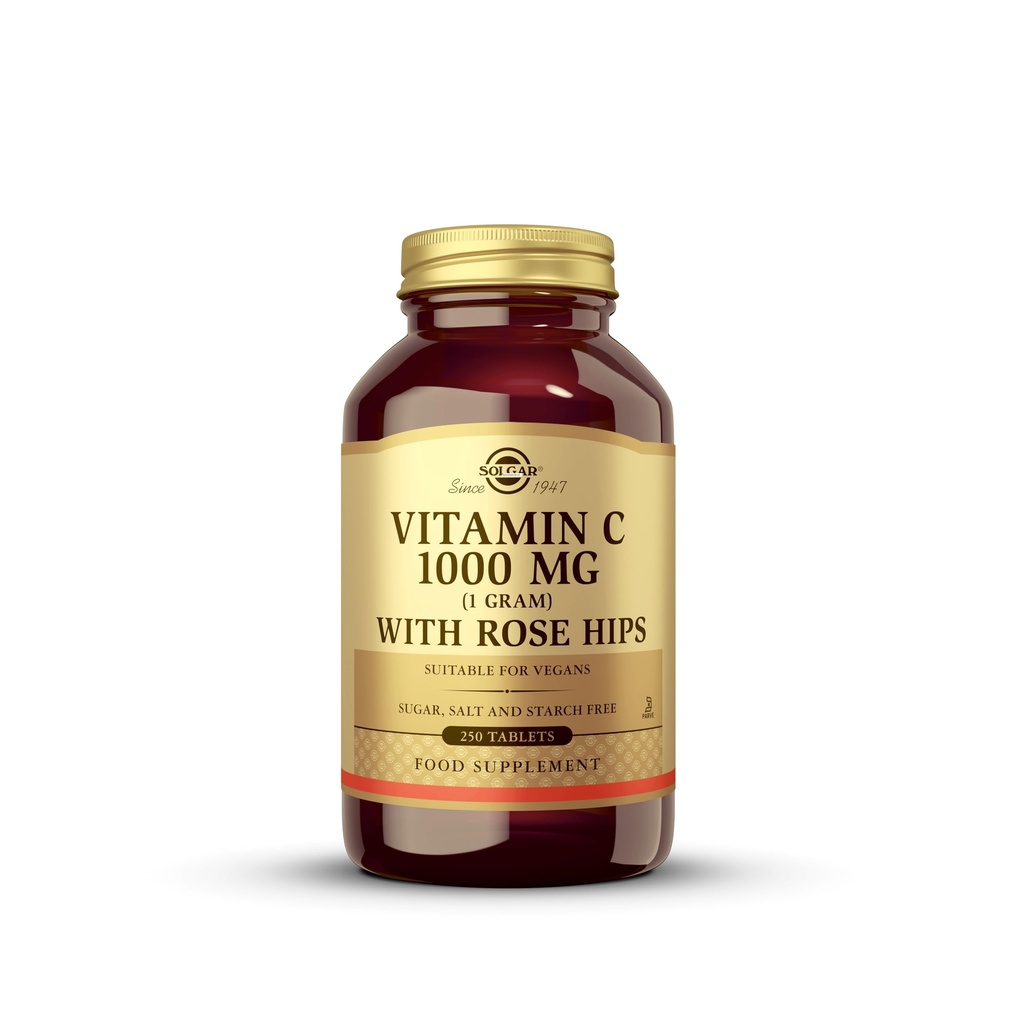 Solgar Vitamin C 1000 mg with Rose Hips, 250 Tablets - 산화 방지제 및 면역 지원 - 전반적인 건강 - 건강한 피부 및 관절 지원 - 비 GMO, Vegan 및 Kosher - 250 서빙