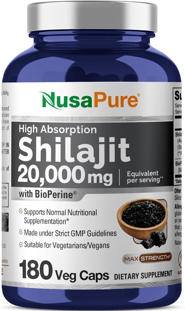 서빙 당 NusaPure Shilajit 20,000mg, 180 Veggie 모자, 비 GMO, 글루텐 무료, Bioperine