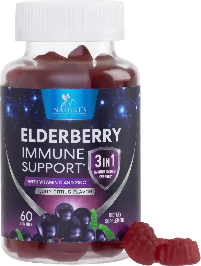 비타민 C, D3 및 아연을 가진 Elderberry Gummies - 아이 & 성인을 위한 Immune 지원 거미, 까만 Elderberry 추출물 거미 면역성 건강 지원 보충교재, 까만 Elder 베리 비타민 - 60 Gummies