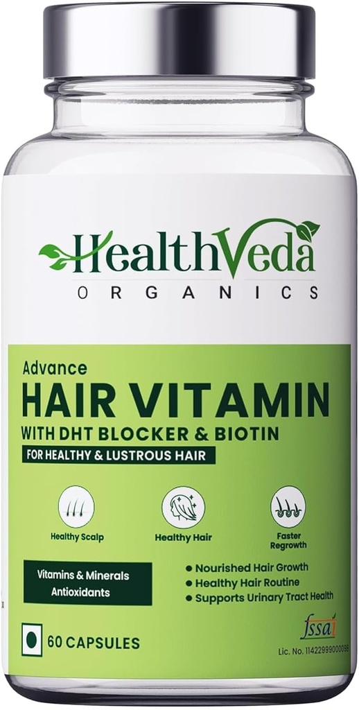 DHT Blocker & Biotin을 가진 일반적인 유기 고급 헤어 비타민 | 남성 및 여성을위한 임상 입증 된 헤어 비타민 - 60 Veg 캡슐