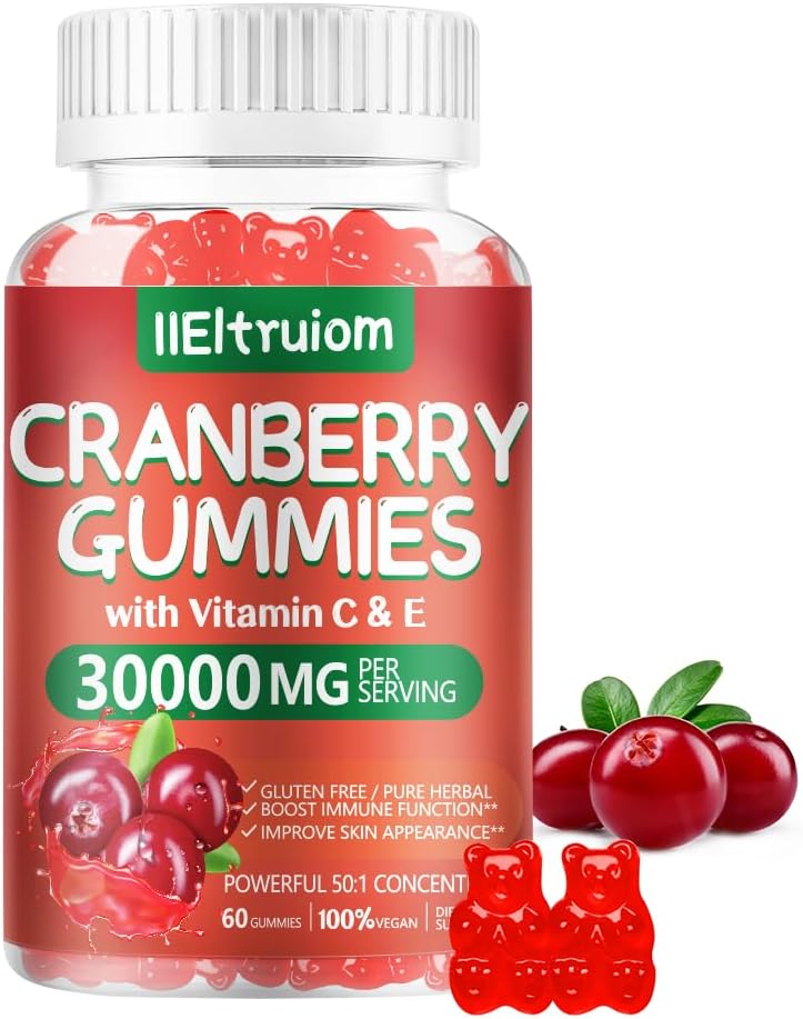 Cranberry Gummies 여성 및 남성, 50X Concentrate Extrac, 비타민 C & E, 히비스커스를 지원하는 여성을위한 크랜베리 구미, 60 조사