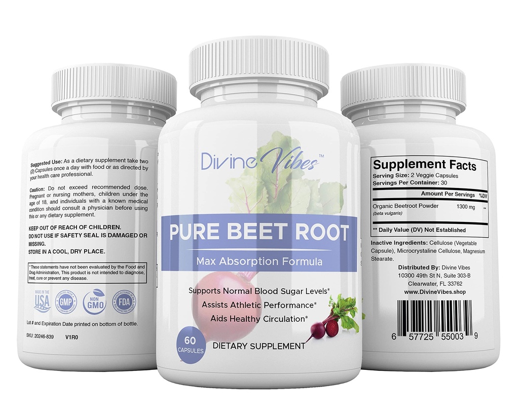 Beet 뿌리 캡슐 - 서빙 당 1300mg - 사탕수수수수 분말 캡슐 - Beetroot 분말 지원 혈압, 운동 성능, 소화, 면역 체계 (순수, 비 GMO, 글루텐 무료)