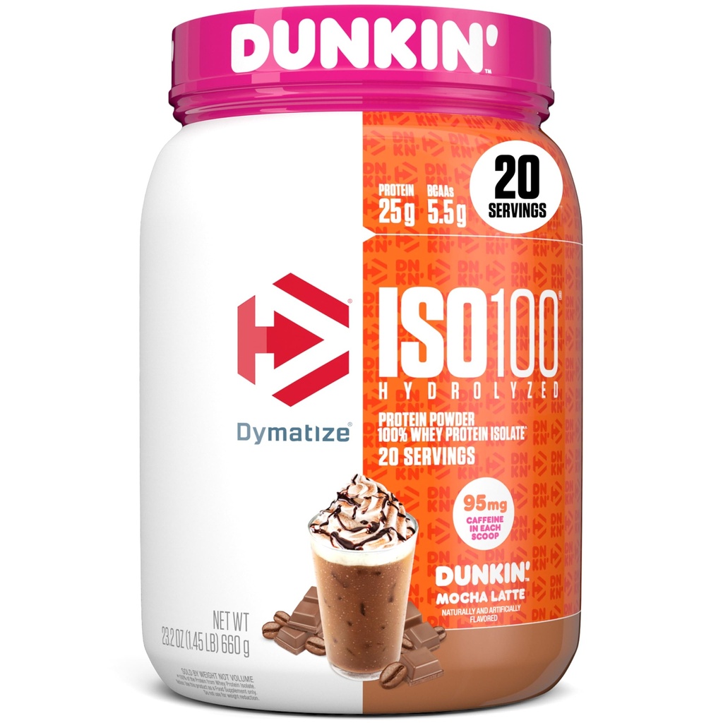 Dymatize x Dunkin' Mocha Latte ISO100 Whey Protein Powder, 95mg Caffeine, 단백질 25g, 5.5g BCAAs, 120 Cal., 글루텐 무료, 1g 지방, 1g 설탕, 3g Carb (20 서빙)