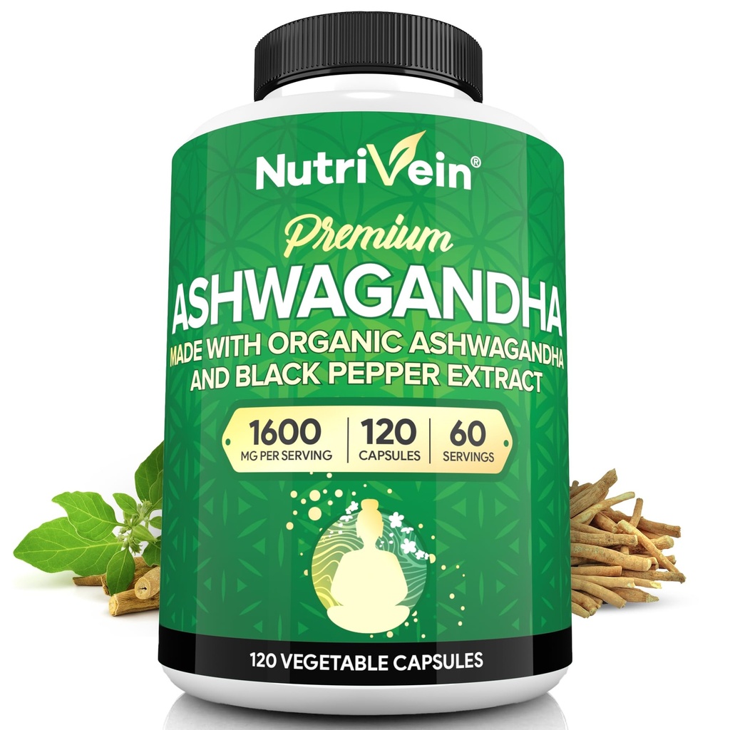 Men & Women 용 Nutrivein Ashwagandha - 1600mg - Black Pepper로 향상된 - 무드 밸런스, 휴식 수면 및 초점을위한 높은 흡수 뿌리 분말 Ashwagandha 보충제 - 120 Vegan 캡슐