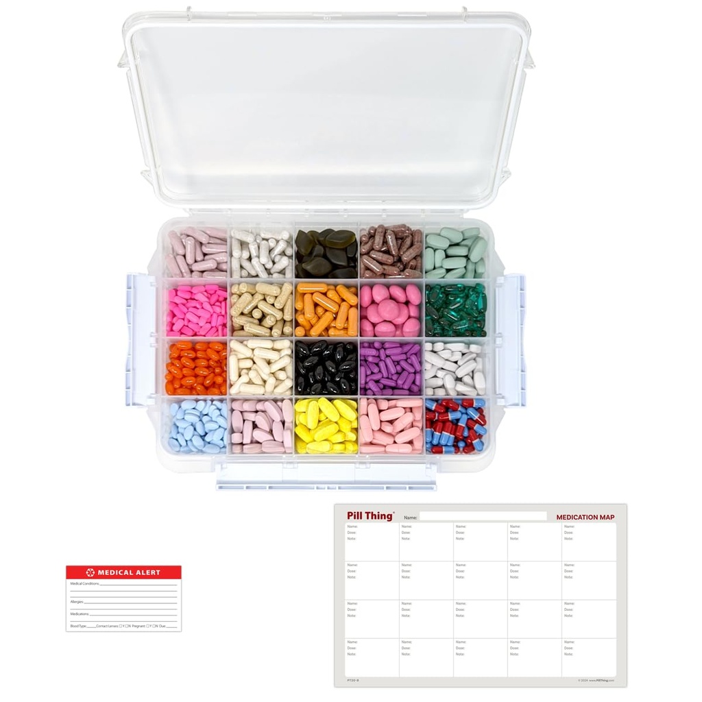 20 완벽한 밀봉을 가진 Compartment 큰 알약 상자 - 실리콘 틈막이는 Medication 지도 (20 Compartment, 1 팩)를 가진 Med 상자를 방수 처리합니다