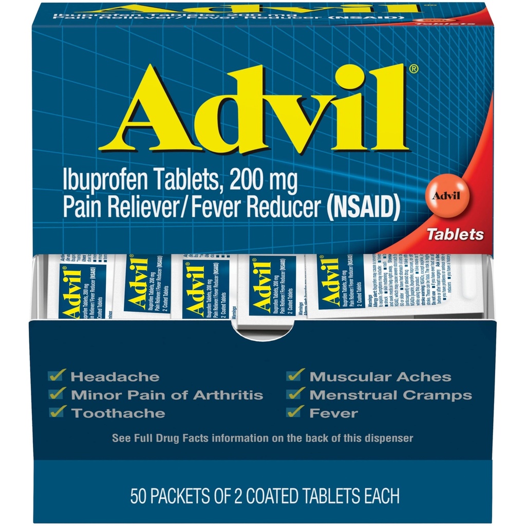 Advil Pain Reliever와 Fever Reducer, 두통, 두통, 생리통 및 관절 통증 완화를위한 Ibuprofen 200mg을 가진 통증 완화 의학 - 50x2 코팅 정제