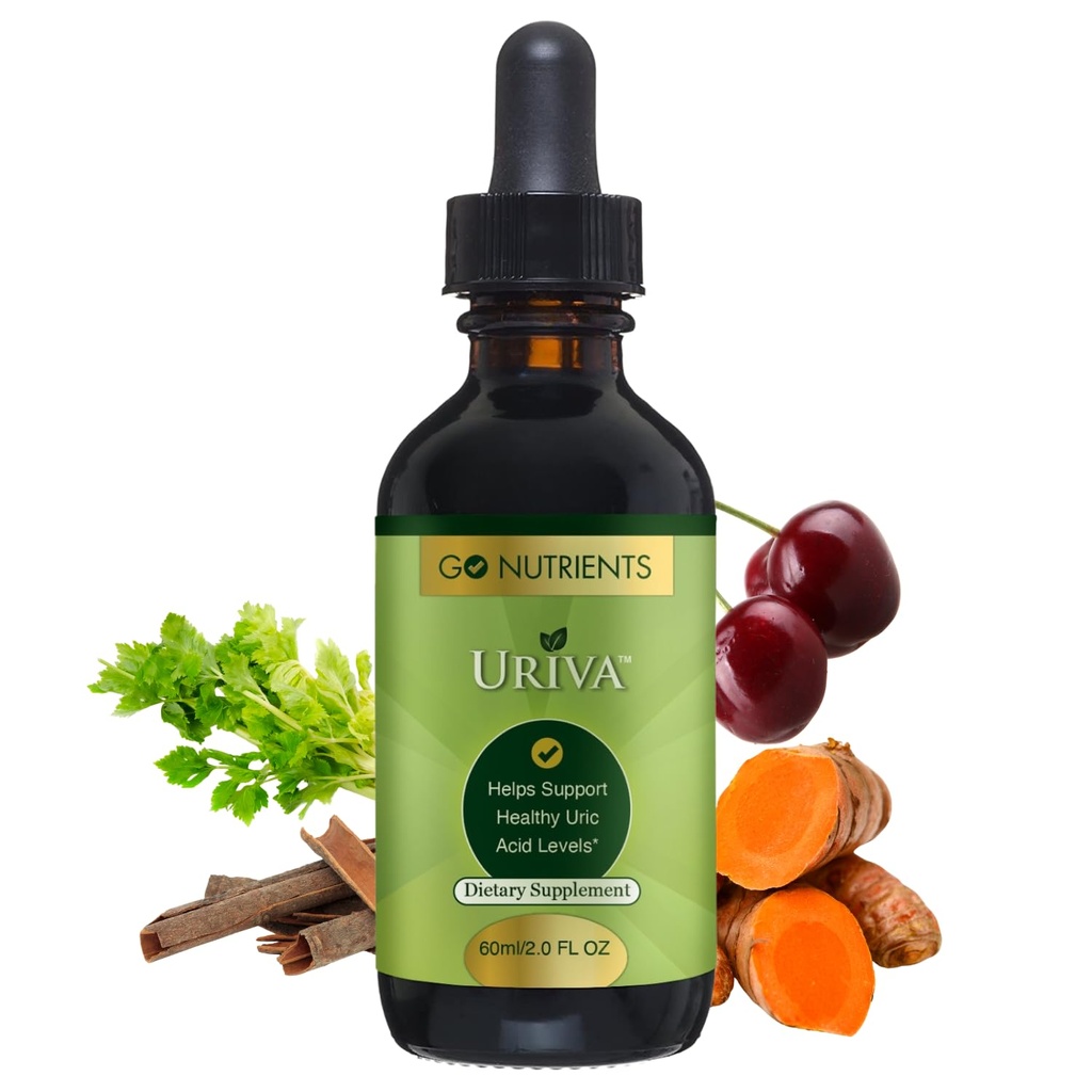 Go Nutrients Uriva - Tart Cherry Extract Celery Seeds, Turmeric & More - 관절 및 신장에 대한 높은 흡수 액체 드롭 보충 2.0 oz. | 48 서빙