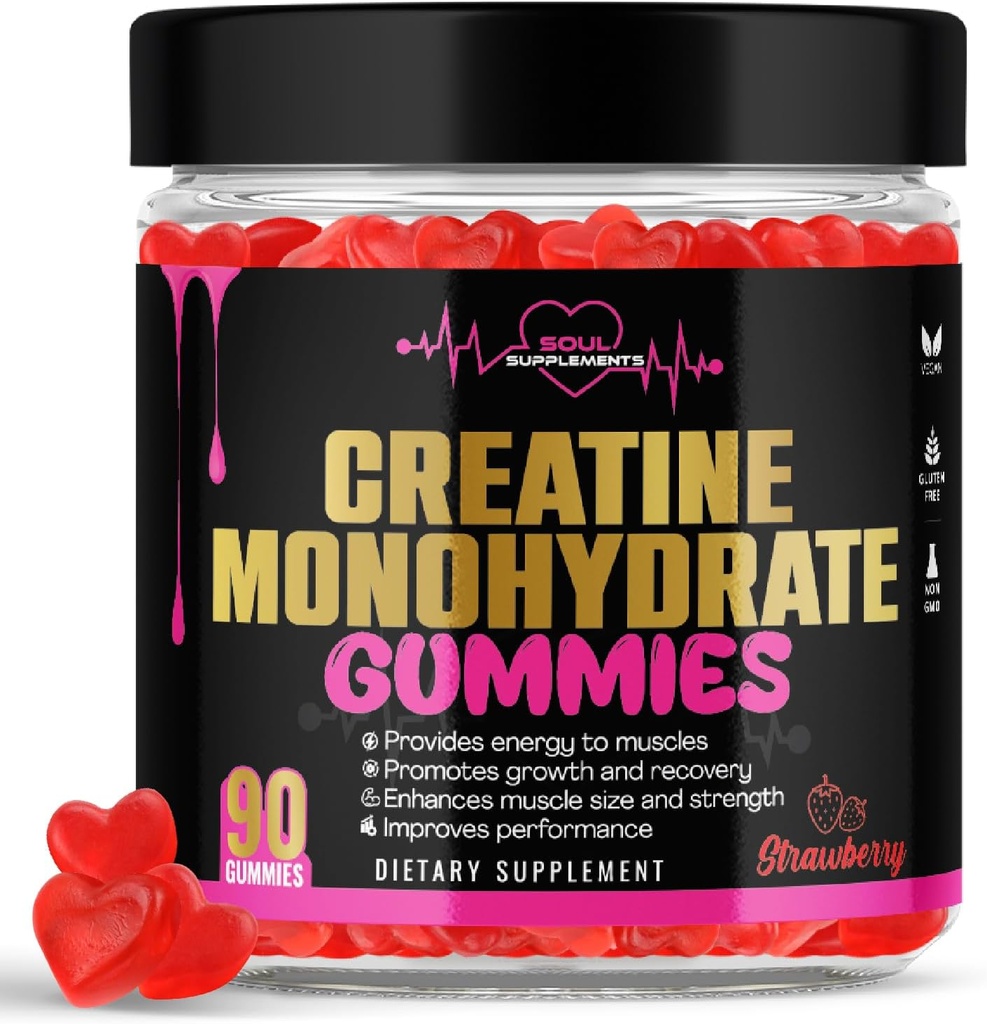 근육 회복, 근육 이익 및 힘, 에너지 초점 및 뇌 건강을 위한 일반적인 크레아틴 Monohydrate Gummies, 글루텐 자유로운, 비 GMO, 남자와 여자를 위한 채식주의자 보충교재, 30 서빙 90 ct