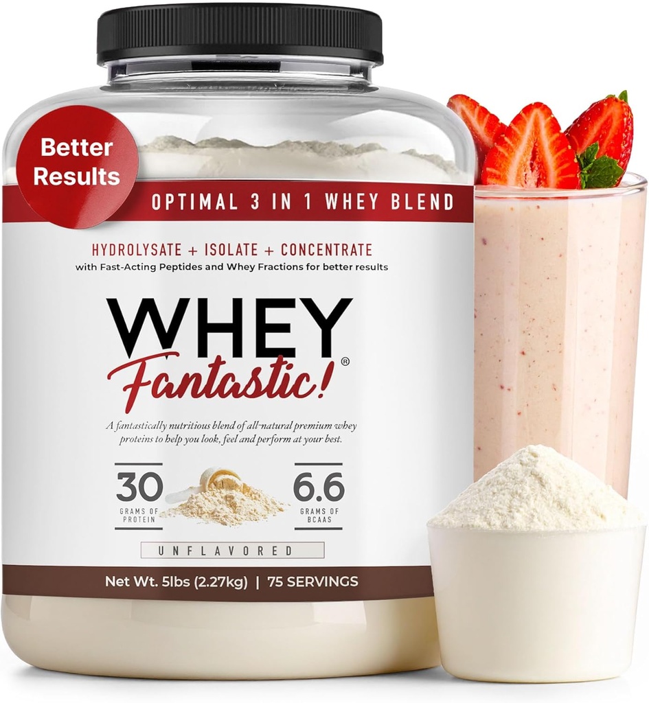 3-in-1 Whey Protein Powder Unflavored 5lb - Whey Hydrolysate, Isolate 및 Concentrate에서 잔디 볶은 단백질의 30g - 비 GMO, Soy-Free, Sugar-Free - 63 서빙