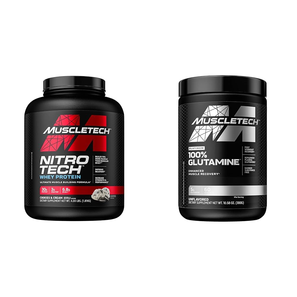 Muscletech Whey Protein Powder Nitro-Tech Whey Protein Isolate & Glutamine Powder 100 % 순수 L 글루타민 분말 | 포스트 운동 회복 음료 | L 글루타민 분말