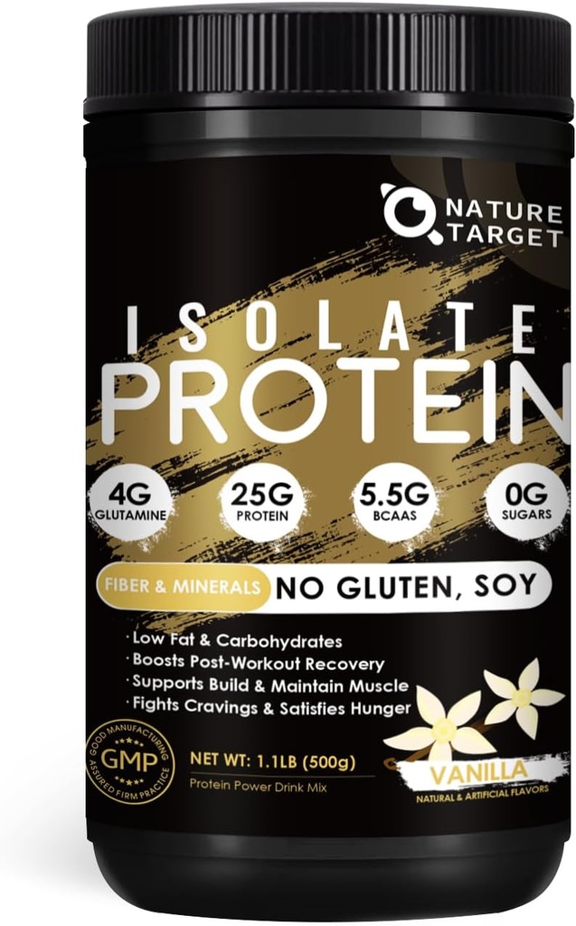 NATURE TARGET Isolate Whey Protein Powder Vanilla, 25g Protein Low Carb Sugar-Free & Gluten-Free, 5.5g BCAAs, 섬유 및 광물, 1.1 파운드, 16 서빙
