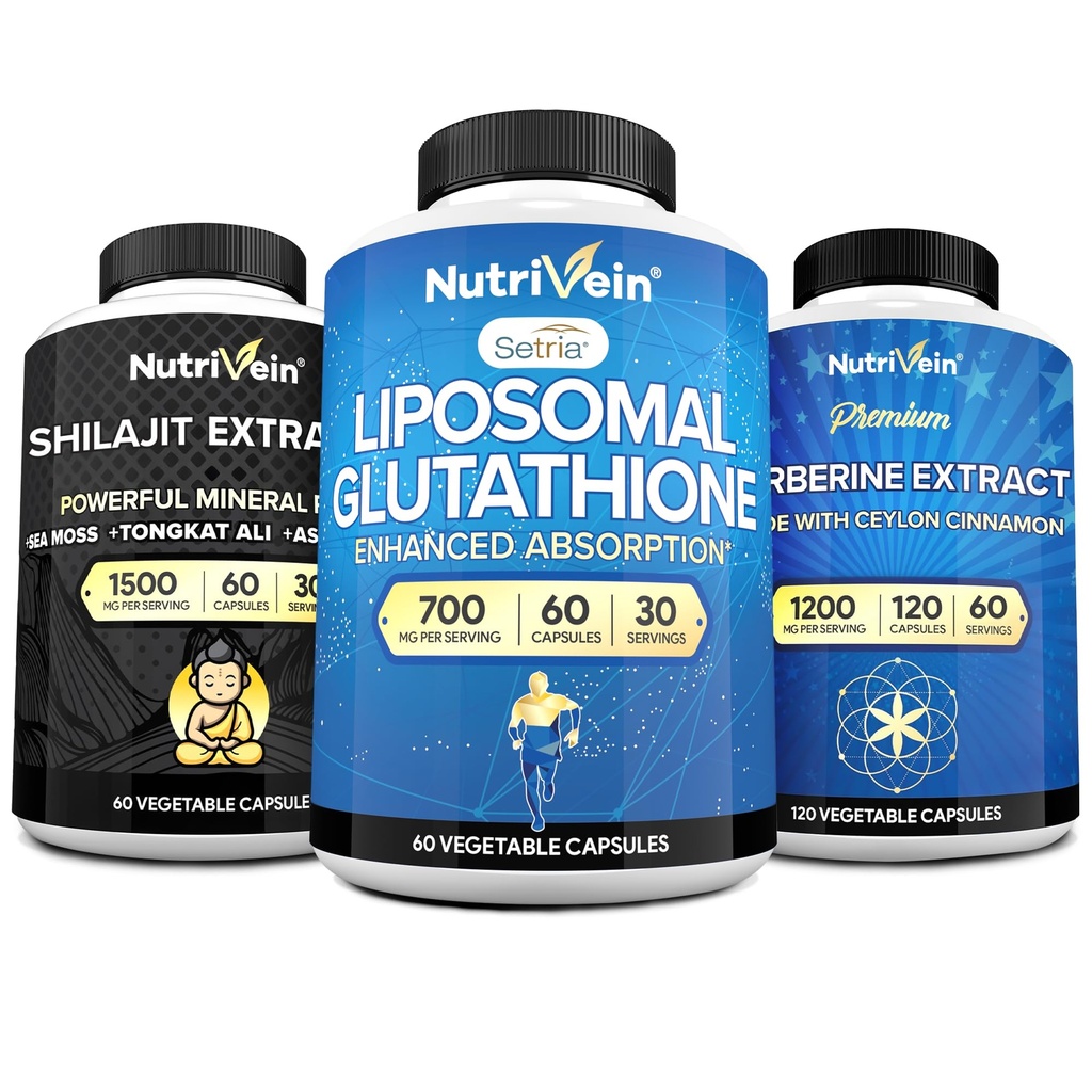 Nutrivein 프리미엄 Shilajit 캡슐, Liposomal Glutathione 보충교재, & Berberine 보충교재 뭉치: Berberine, Glutathione, & 남자 & 여자를 위한 Shilajit 캡슐 - 대사, 활력, & 균형