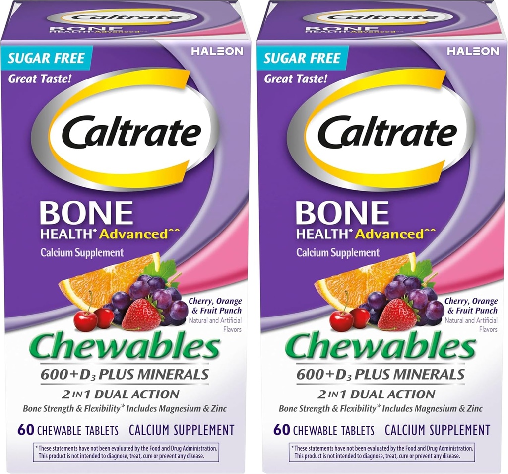 Caltrate Chewables 600 Plus D3 Plus 미네랄 칼슘 비타민 D 보충, 체리, 오렌지 및 과일 펀치 - 60 카운트 (팩 2)