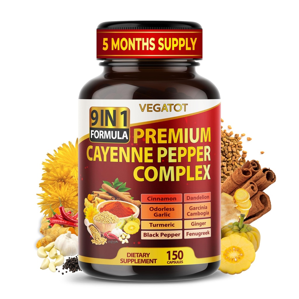 Cinnamon, Ginger, Turmeric for overall Health, Immune System, Digestion Wellness (150 Count)와 유기 Cayenne Pepper 9IN1 Complex