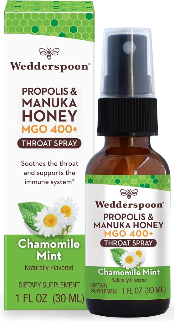 Wedderspoon Propolis 및 Manuka 꿀 Throat 스프레이, Chamomile & Mint, 1 Fl Oz (팩 1), Sore Throat Relief, 자연 면역 지원