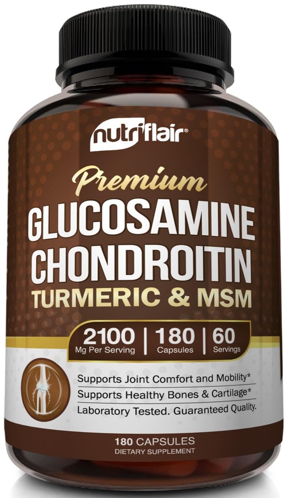 NutriFlair Glucosamine Chondroitin Turmeric MSM Boswellia, 180 캡슐 - 합동 안락 보충교재 - 자연적인 & 비 GMO - 산화 방지제 알약 - 지원 뒤, 무릎, 손, 합동, 연골