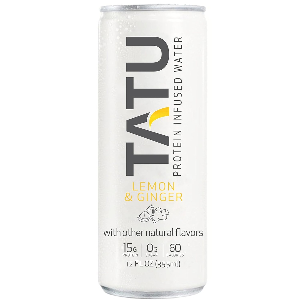 TATU Ready-To-Drink Protein Infusion Water Lemon Ginger 24 Pack. 15 그램의 whey Protein isolate, 설탕 0 그램, 60 칼로리. 레몬 생강과 오렌지 망고. 글루텐 무료, lactose 무료.