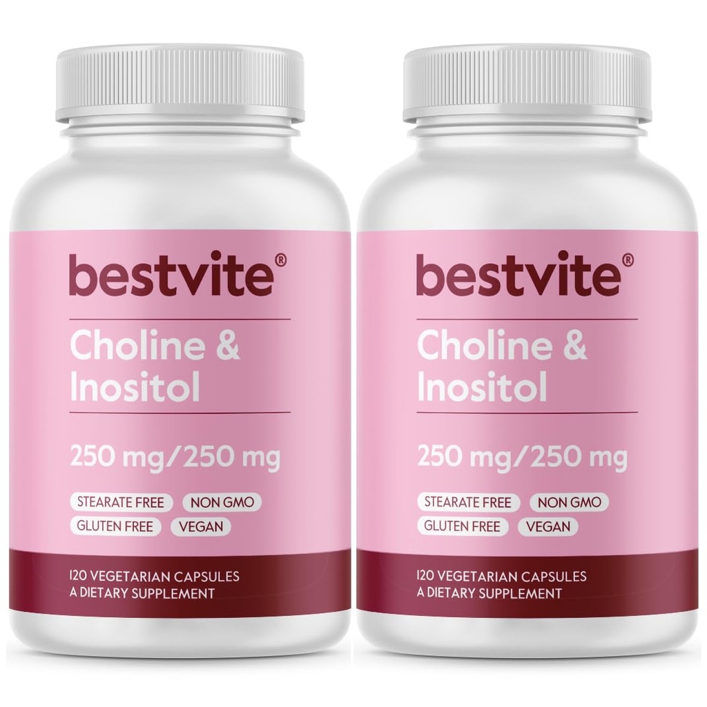 BESTVITE Choline Inositol 500mg (240 채식 캡슐) (120 x 2) - Stearates 없음 - Dicalcium Phosphate 없음 - 필러 없음 - Vegan - 비 GMO - 글루텐 무료