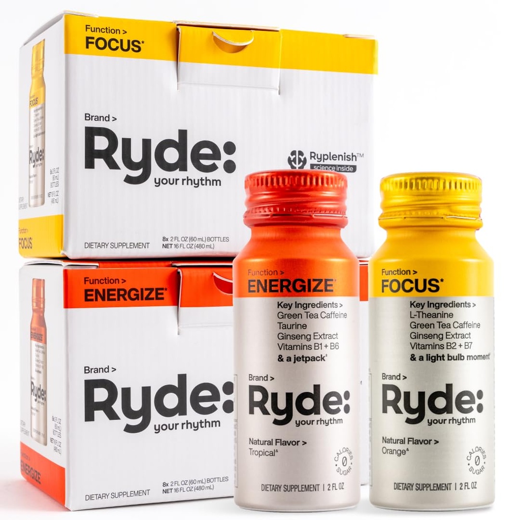 RYDE 샷 | Energize + Focus | Essential B 비타민과 카페인| Zero Calories, Zero Sugar | 16 팩