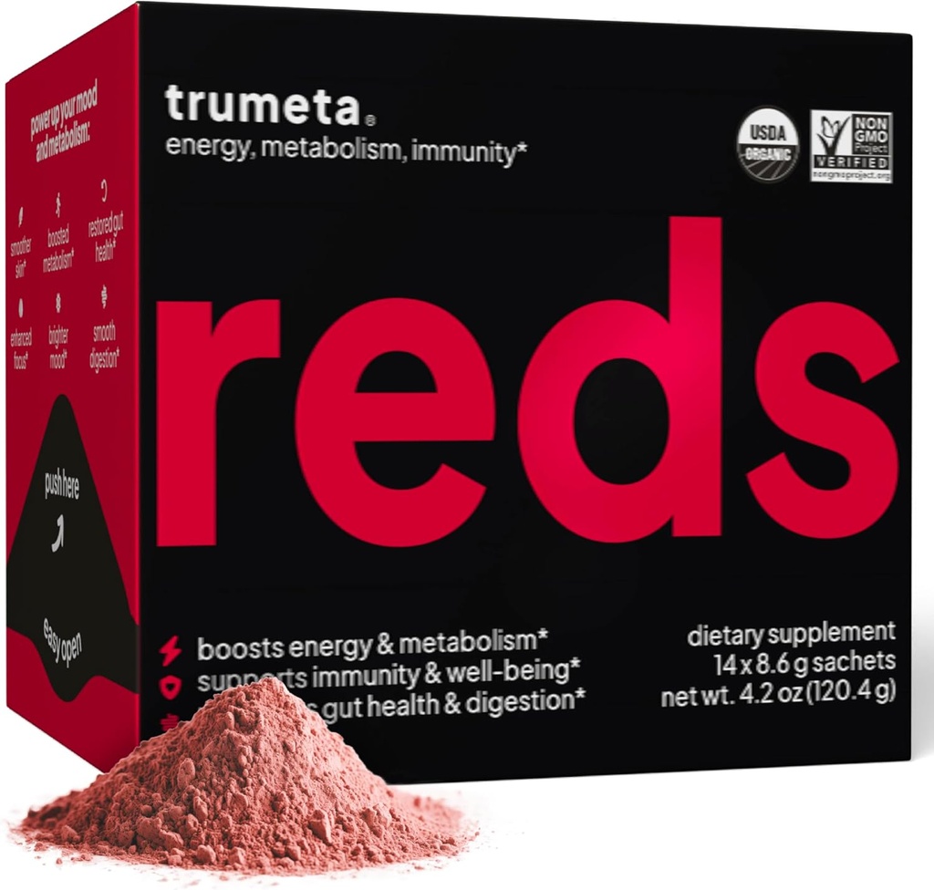 Superfood Reds Powder Pack - Immune 지원 및 메모리 I Reds Superfood Powder 산화 방지제 Polyphenols Blend with Organic Acai Berry, Goji Berry, Pomegranate - 14 Sachets