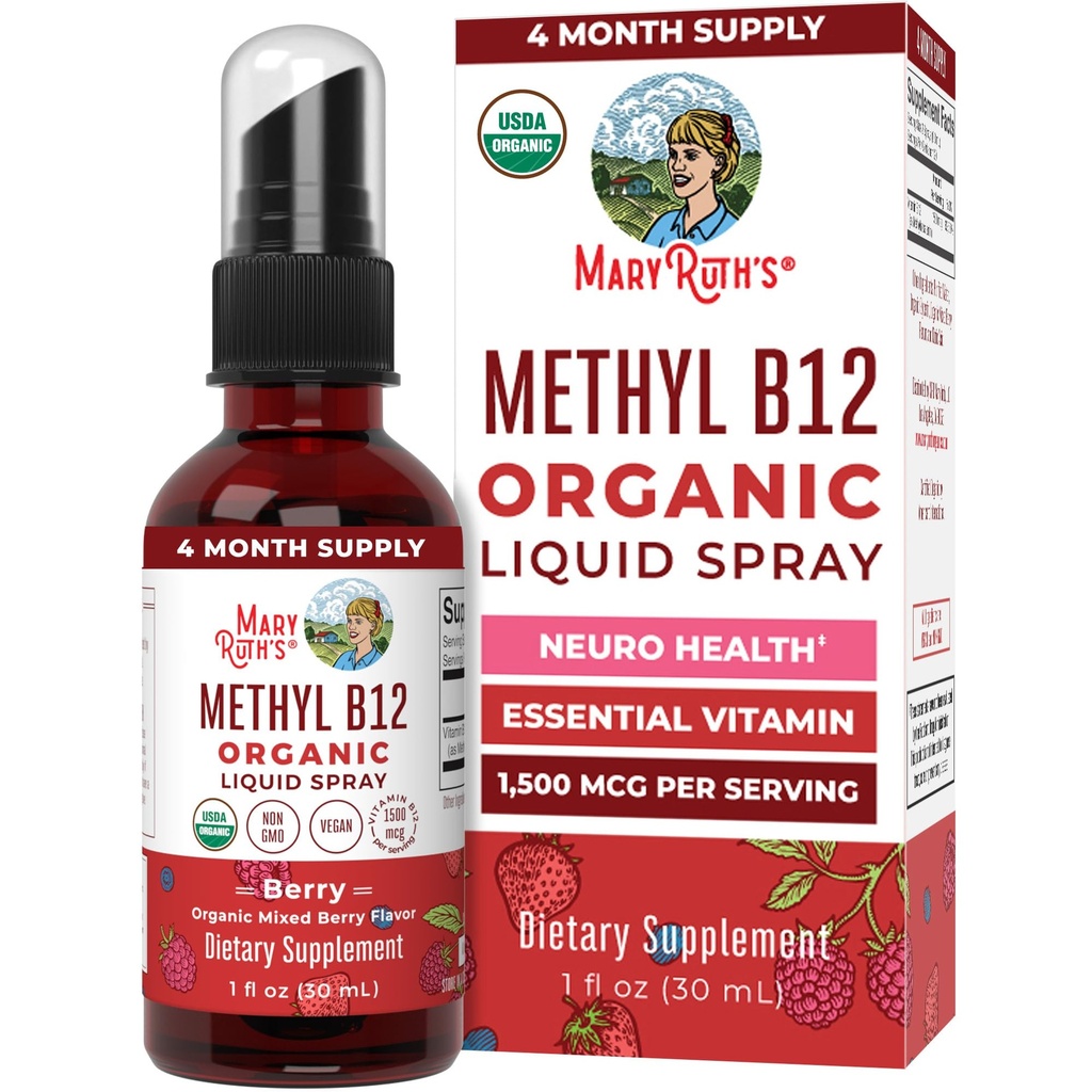 MaryRuth Organics Vitamin B12 Liquid Spray | Vegan, Non-GMO, Gluten-Free | USDA Organic Supplement | 에너지 및 자연 시스템 지원 | 여성용 B12 비타민 | 1,500 mcg | 1 Fl Oz
