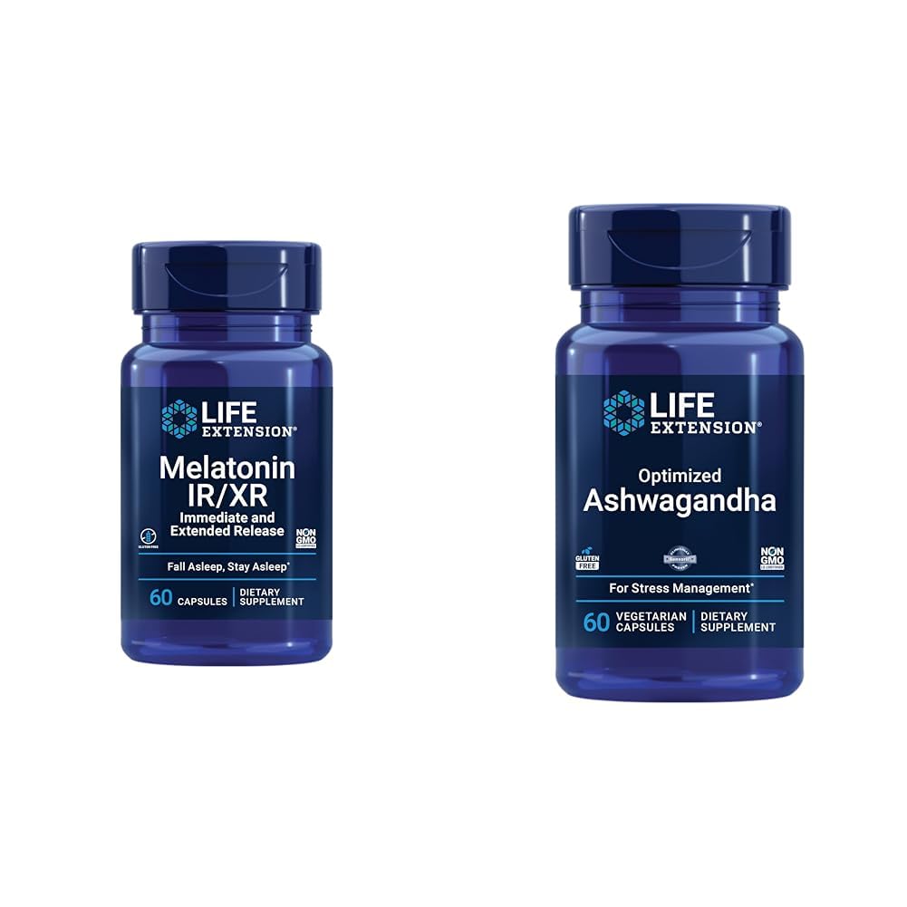 생활 연장 Melatonin IR/XR & 낙관된 Ashwagandha - 잠, 긴장 기복, 초점, 기억 - 60의 캡슐