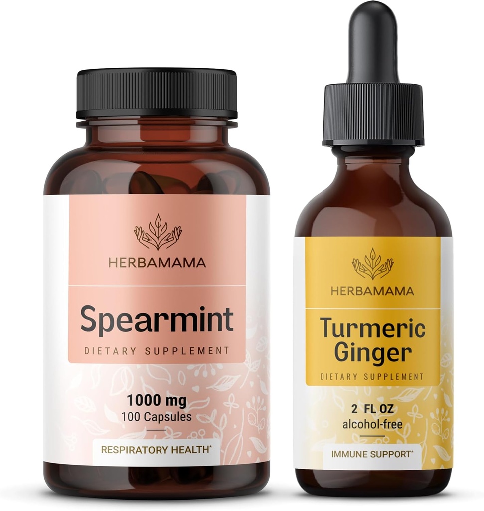HERBAMAMA Spearmint 및 Turmeric Ginger 키트 - 1000 mg Spearmint 리프 캡슐 및 Turmeric Ginger Tincture 2 fl oz - Vegan, Non-GMO, Sugar & Alcohol-Free - 2 Pack의 번들