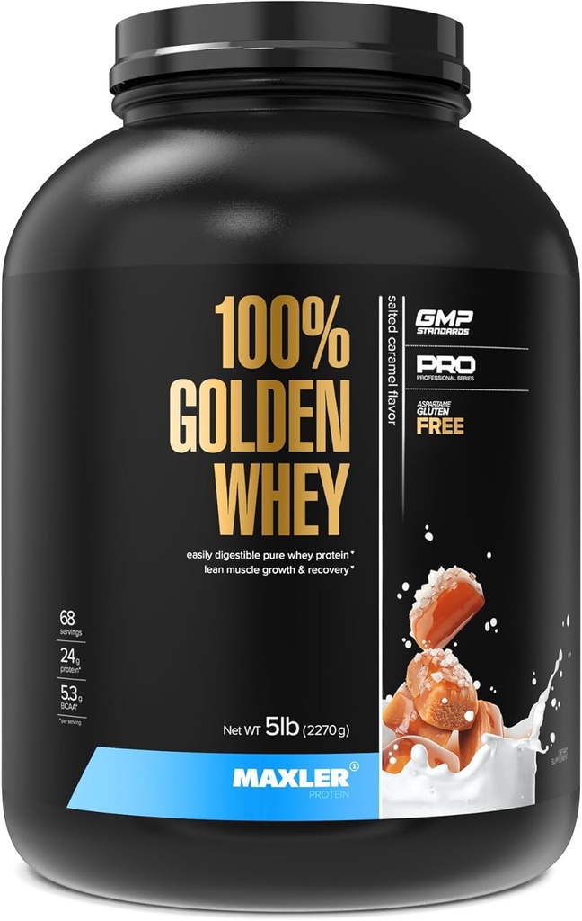 Maxler 100 % Golden Whey Protein - 서빙 당 단백질 24g - 사전 포스트 운동을위한 프리미엄 Whey Protein Powder - 빠른 흡수 Whey 농축물, Isolate & Hydrolysate Blend - 소금 카라멜 5 lb