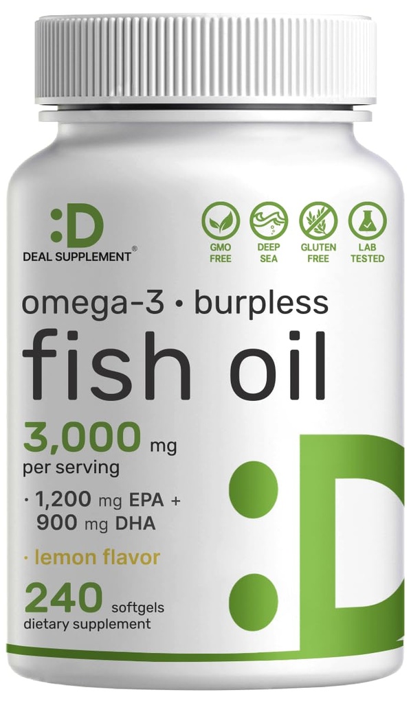 DEAL SUPPLEMENT 오메가 3 생선 기름 보충 교재, 봉사 당 3,000mg, 240 Softgels – EPA 1,200mg + DHA 900mg – Burpless 알약, 레몬 맛, 야생 잡힌 – 두뇌 & 심장 지원 – 수성 무료, 비 GMO