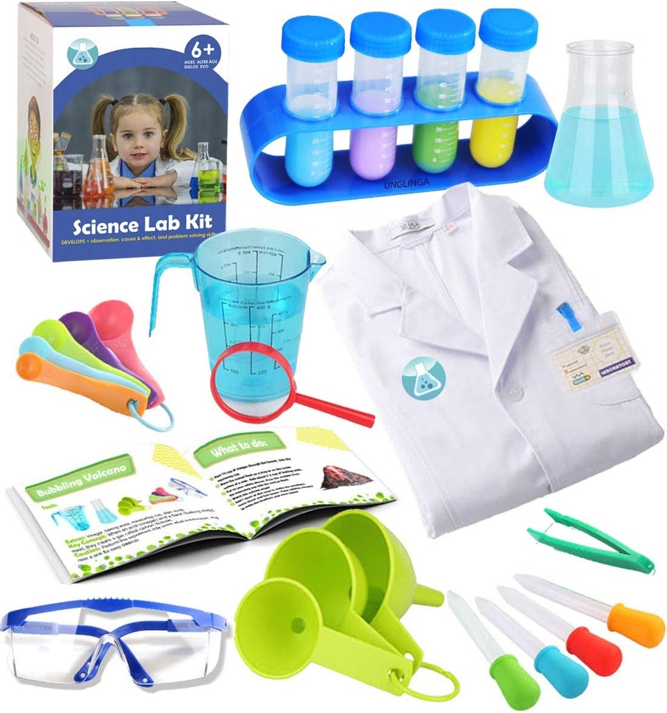 UNGLINGA Kids Science Experiment Kit with Lab Coat Scientist Costume Dress Up and Role Play Toys Gift for Boys Girls Kids 크리스마스 생일 파티