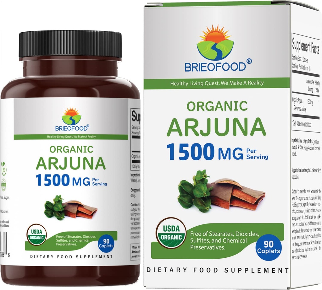 Brieofood 유기 Arjuna 1500mg, 45 서빙, 채식, 글루텐 무료, 90 채식 정제
