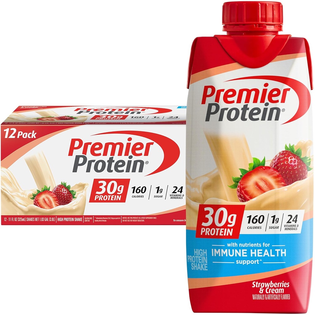 프리미어 단백질 쉐이크, 딸기 & 크림, 30g 단백질, 11 fl oz, 12 팩 (패키지 May Vary)