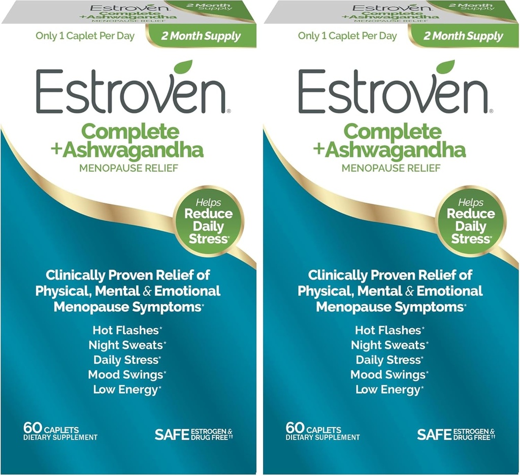 Estroven Complete + Ashwagandha Multi-Symptom Menopause 여성용 보충교재 - 임상적으로 입증된 성분은 폐경기 기복 & 밤 땀 + 뜨거운 섬광 기복을 제공합니다* - 4 달 공급 (포장 2)