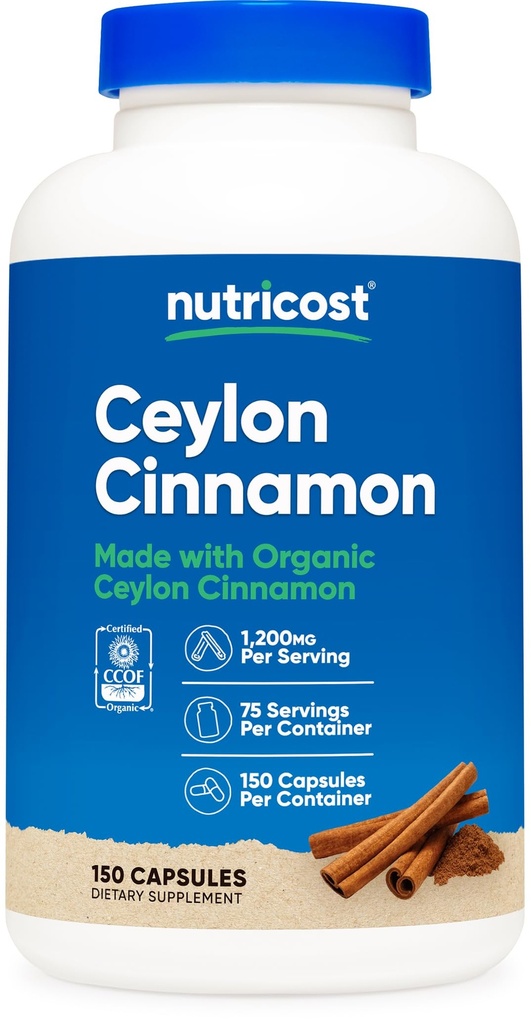 Nutricost 유기 계피 (Ceylon Cinnamon) 1,200mg 서빙, 150 캡슐 - 글루텐 무료, 비 GMO