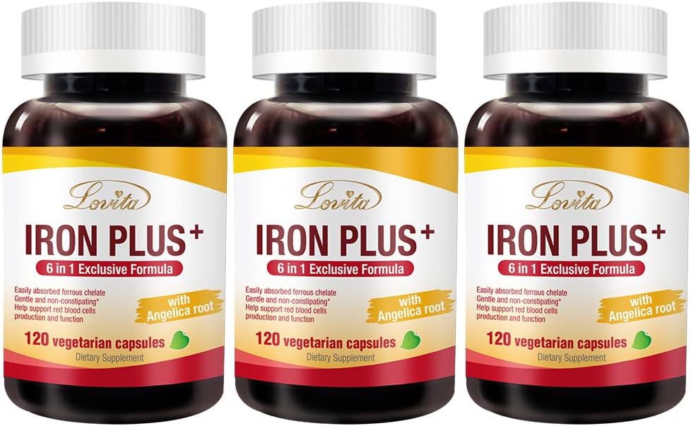 Lovita Iron 18 mg, 6 in 1 Iron Supplement for Women, with Vitamin C, Dong Quai & B12, Vegan Vitamin to Support Red Blood Cell Production without Constipation, 120 캡슐 (포장 3)