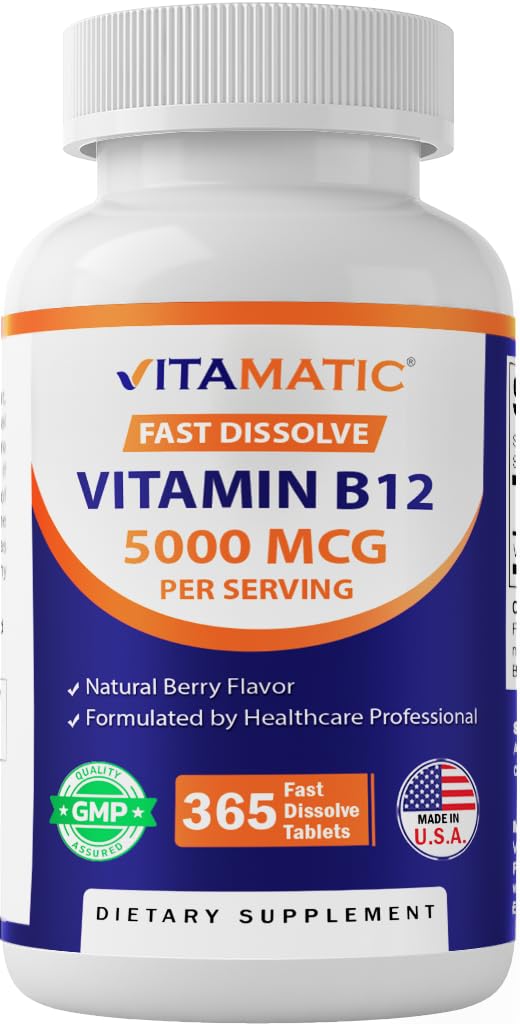 Vitamatic 비타민 B12 5000 mcg – 365 빠른 용해 정제 베리 맛 – 지원 에너지 생산 & 신경 시스템 건강 – 비 GMO, 글루텐 프리