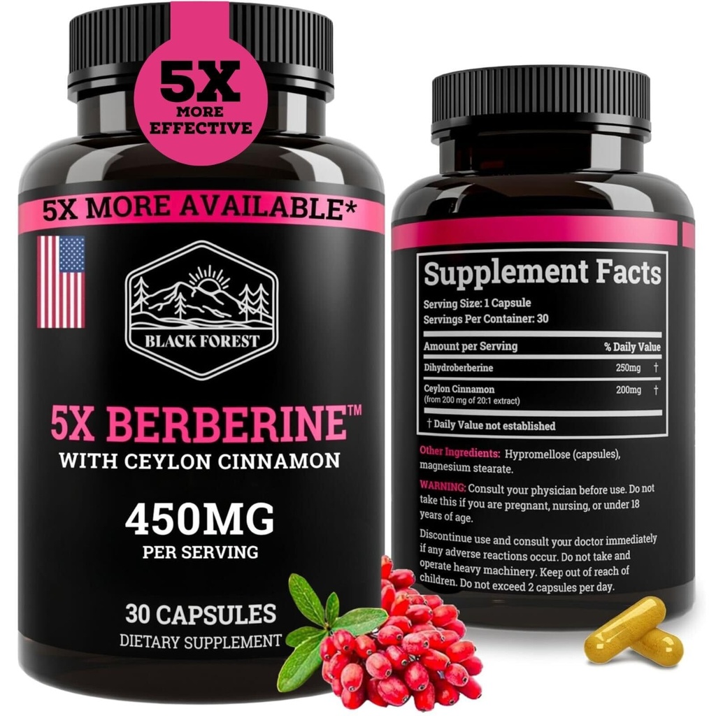 Black Forest 5X Berberine는 Dihydroberberberine 보충교재 (슈퍼 Berberine 지금 5X 정규적인 Berberine HCL 보다는 더 효과적인) Ceylon Cinnamon를 가진 제일 Dihydroberine - Berberine Phytosome와 유사한