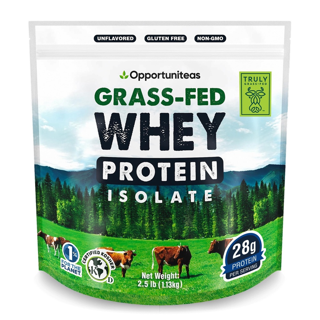 Opportuniteas 잔디 Fed Whey Isolate 단백질 분말 - 인공 감미료, 호르몬 자유로운 코우, 비 GMO - 2.5lb 없는 28g 단백질 분말