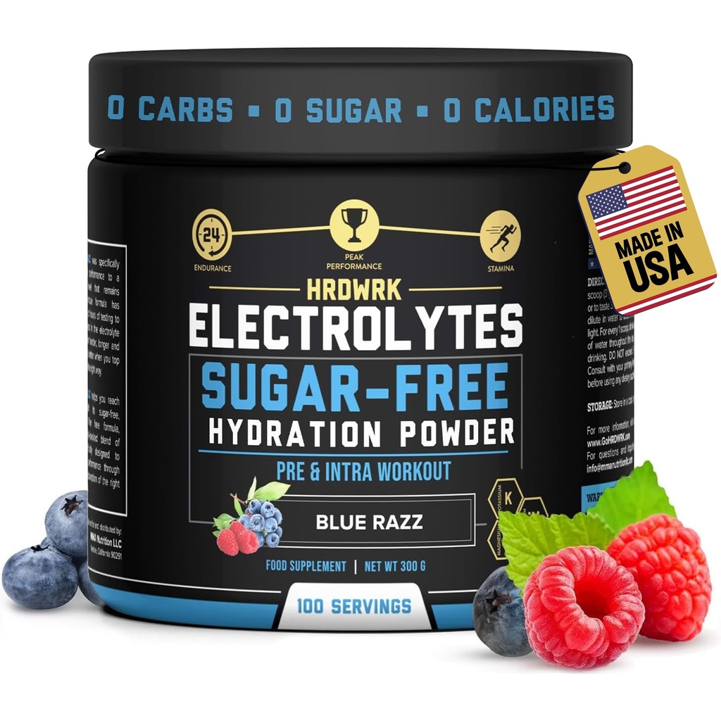 HRDWRK 마그네슘, 칼륨과 함께 전해질 분말 - Sugar Free Electrolytes Boost Endurance and Reduce Fatigue with This Electrolytes Supplement - 최대 Hydration - Keto Friendly