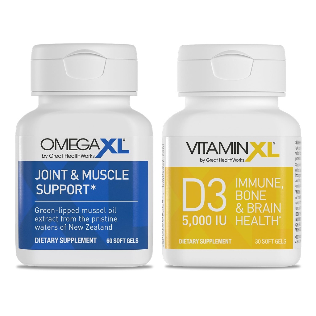 OmegaXL 합동 지원 보충교재 - 60 Softgels & VitaminXL D3 높은 힘 매일 비타민 D 5000 IU 125mcg 면역 지원 보충교재 (30 Softgels) - 2 팩