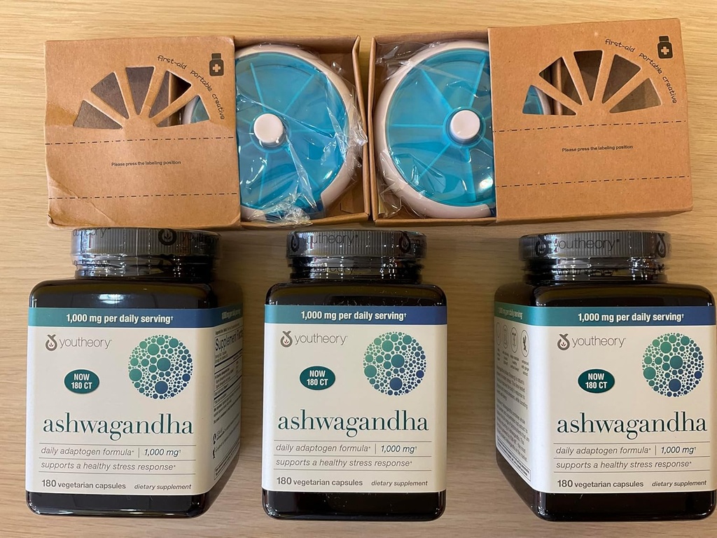 Youtheory Ashwagandha 1000mg with KSM-66 - 도움은 건강한 스트레스 응답, 180 캡슐 (포장 3) 및 2 알약 Orgnizer를 지원합니다