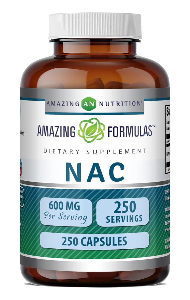 Amazing Formulas NAC (N-Acetyl-L-Cysteine) 보충 | 서빙 당 600 Mg | 250 캡슐 | Non-GMO | 글루텐 프리 | 미국