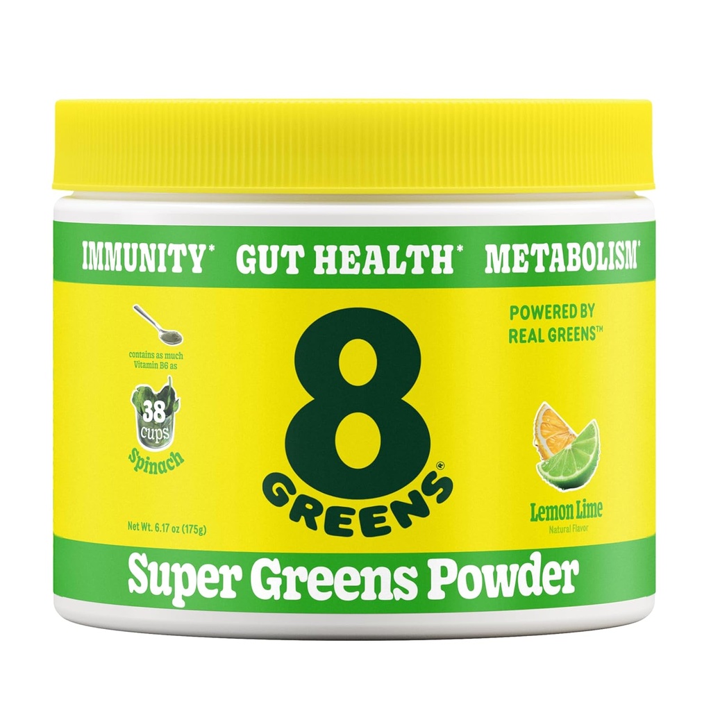 8그린스 슈퍼 그린스 파우더 | 프리바이오틱 & 프로바이오틱스 혼합 Superfood for Gut Health, Metabolism, Debloating, Fiber, Digestive Enzymes, Organic: Spirulina, Chlorella, Lemon Lime, 25 서빙