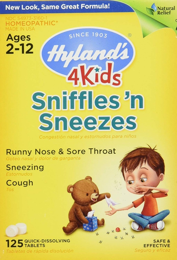 아이를 위한 아연 나이 2+의 찬 약 정제, Hyland's 4 아이 Sniffles n' Sneezes, Decongestant, 두통 및 Sinus 기복, 알레르기 및 일반적인 감기 증상을 위한 자연적인 처리, 125 조사