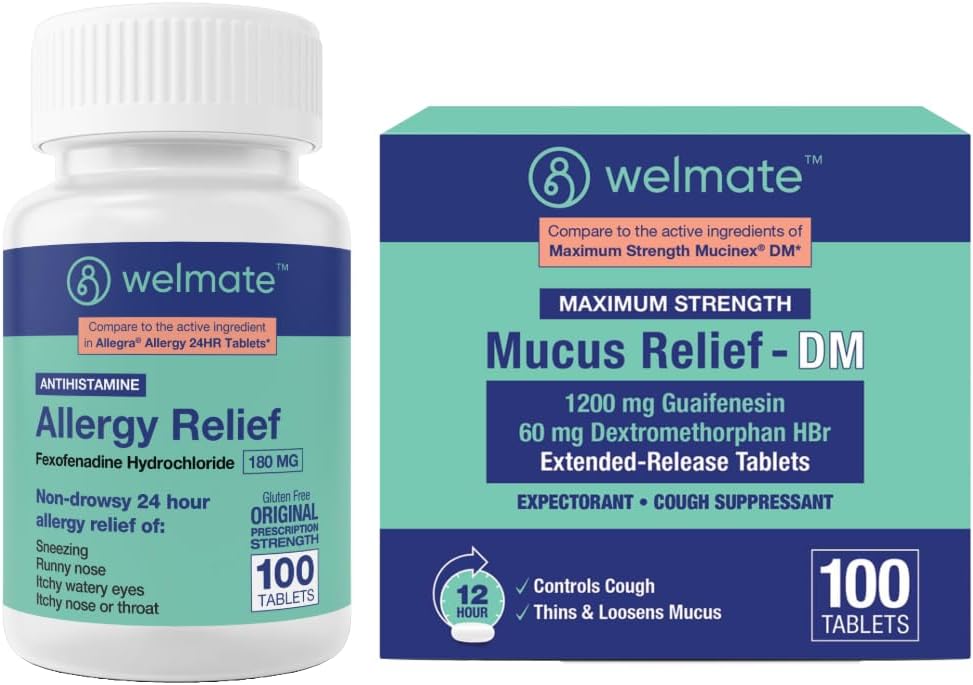 WELMATE 완전한 알레르기 & 혼잡 구호 뭉치: Fexofenadine HCl 180mg 비 Drowsy 항히스타민 (100 Ct) + Mucus 구호 DM 1200mg Guaifenesin & 60mg DXM (100 Ct) | 12-Hr 호흡 지원