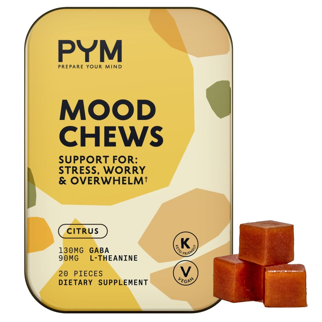 PYM Citrus Mood Chews Stress, Worry & Overwhelm, 20 Count | 130mg GABA, 90mg L-Theanine | Vegan, Non-GMO, Gluten-Free, No Added Sugar | All-Natural Mood Balance Supplement Made in USA