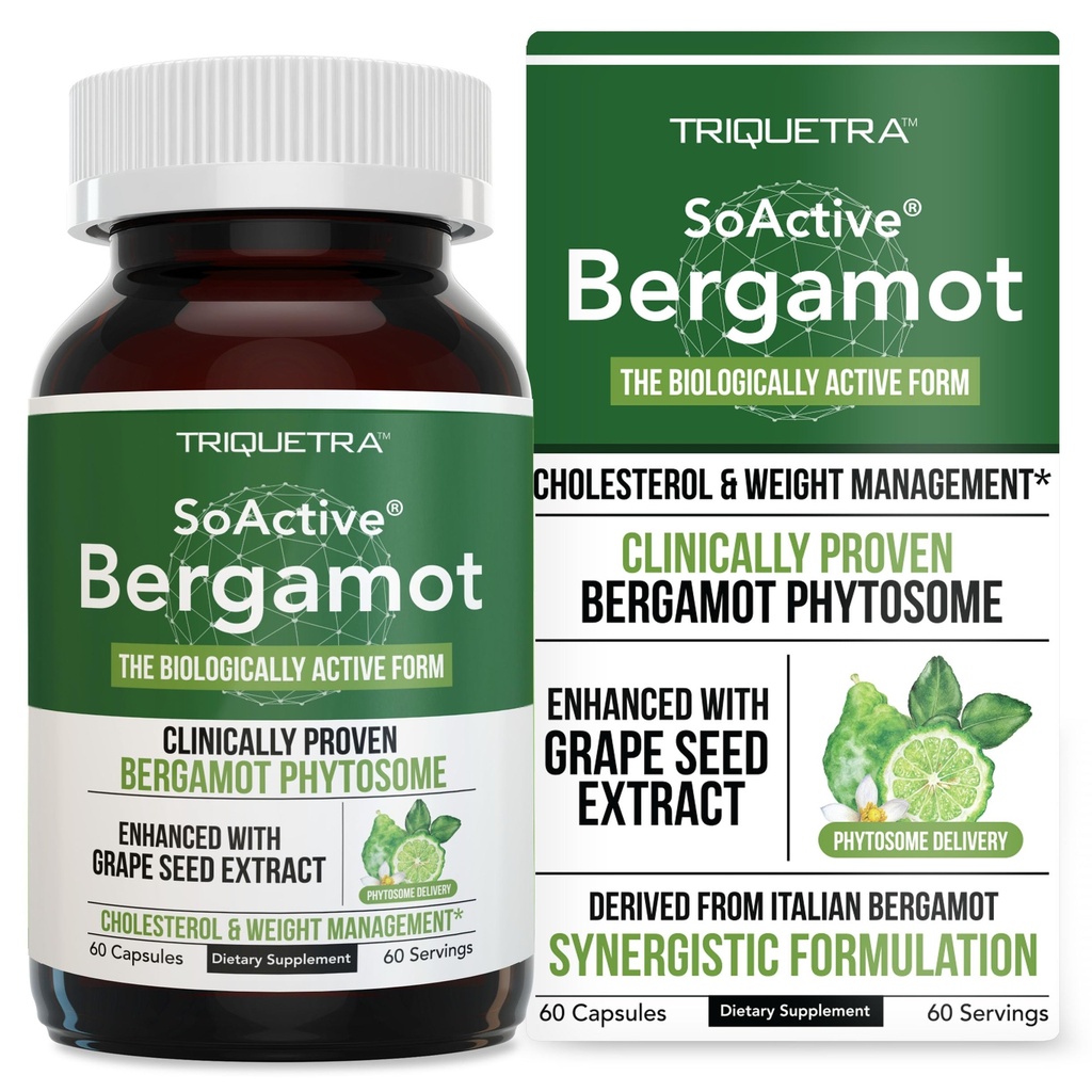 SoActive Bergamot: 2.5X 더 효과적인, 이탈리아 Citrus Bergamot Phytosome - 임상적으로 검증 된 | 포도 씨앗 추출물 강화 - Cholesterol & Weight Management (60 캡슐)