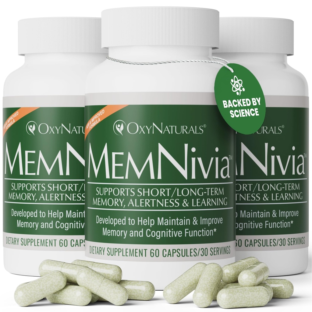 MemNivia Brain Supplements for Memory & Focus | Cognivia®, Bacopa, Holy Basil & Ginger를 사용한 Dual-Sage Stem Cell Formula | 임상 입증 된 정신적 Clarity Support | 180 캡슐 (3병) | 미국 제작
