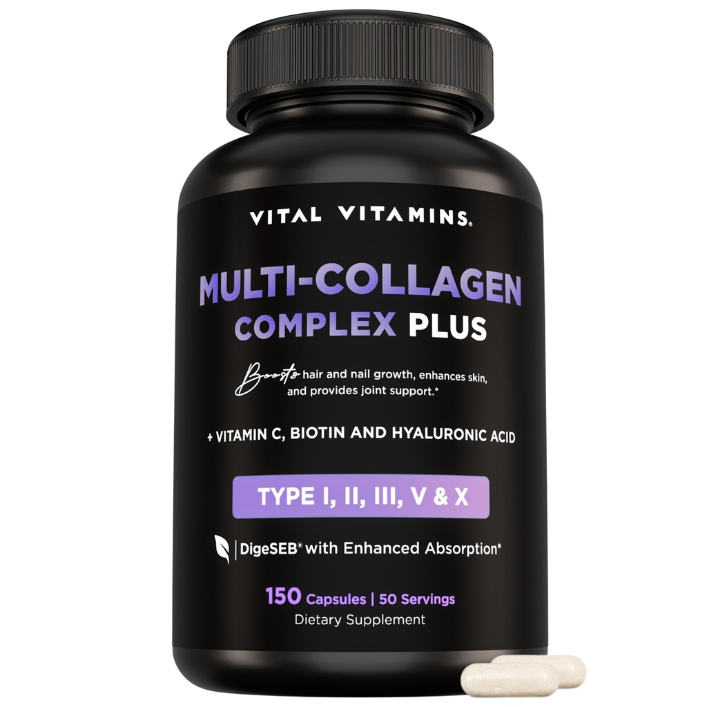 Vital Vitamins Multi Collagen Complex Plus - Biotin, Hyaluronic Acid, 비타민 C - 유형 I, II, III, V, X - 여성 및 남성 - 헤어, 스킨, 네일 뷰티 컴플렉스 - 150 캡슐